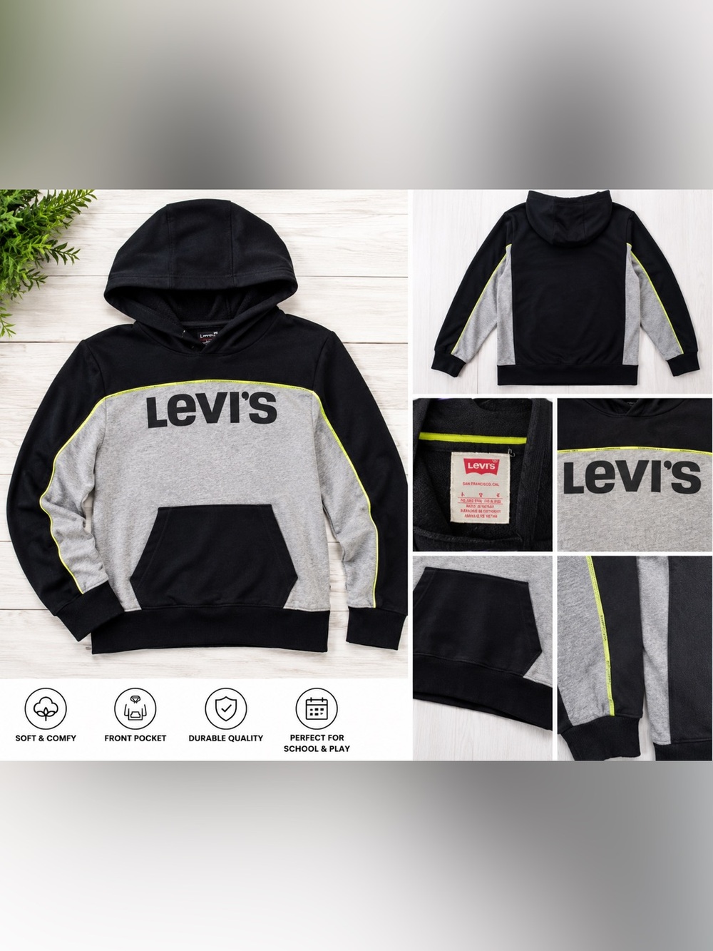 Levi’s Boys Colorblock Hoodie Black Gray Neon Yellow Size Large 12/13